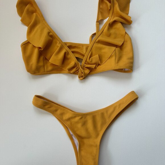 Zaful Yellow Bikini Set - Ribbed Scrunch Butt Wrap Bikini Set - Picture 6 of 8